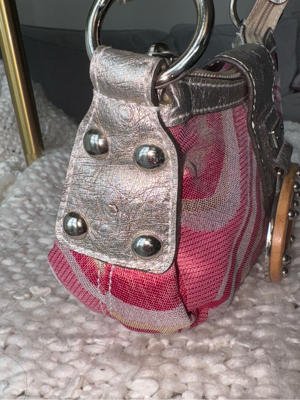 Rare Vintage Y2K GUESS Samba Mini Pink Metallic Wood G Shoulder Bag 2000s Purse - Picture 7 of 9